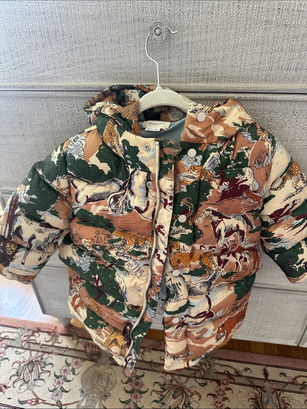 Gucci Kids Animal-Print Puffer Jacket in Beige, Green & Brown